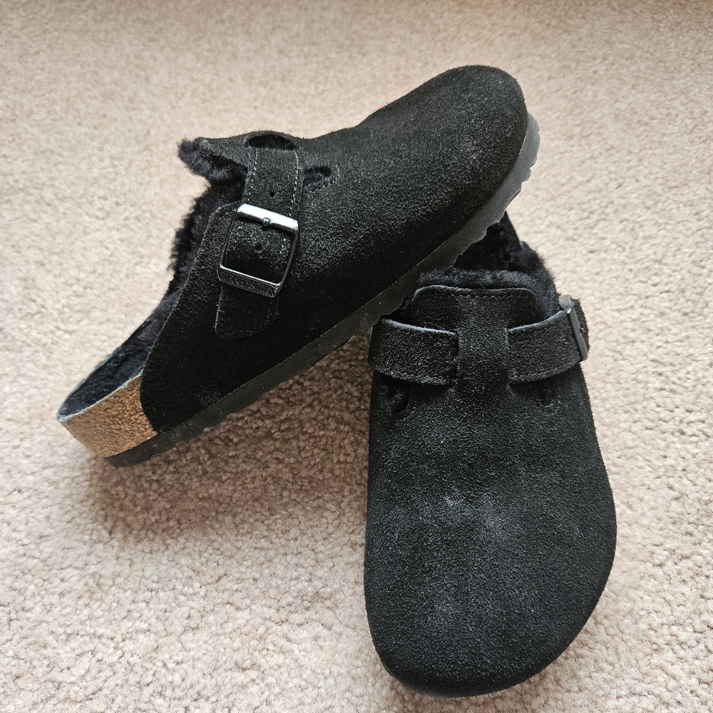 Birkenstock Boston Black Suede Sherling Lined Size 38 M5 W7 New Condition